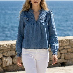 Blouse jeans bleu et volants