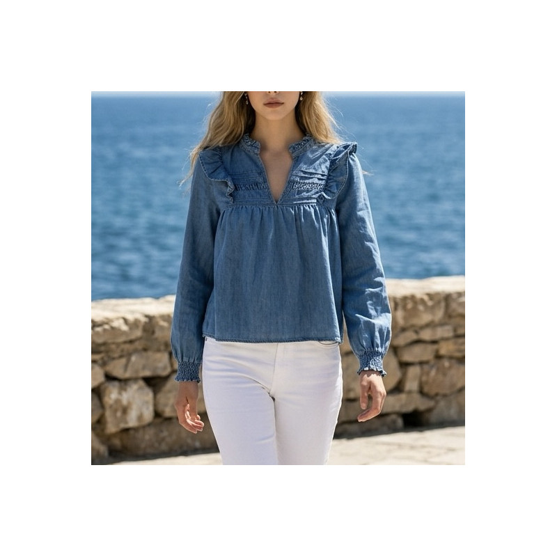Blouse jeans bleu et volants