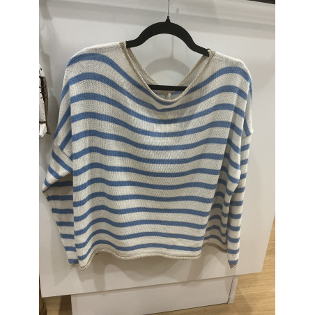 Pull rayé bleu contours doré
