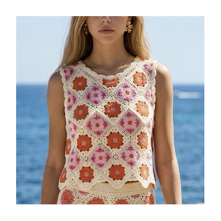 Haut Louisa en crochet rose et rouge