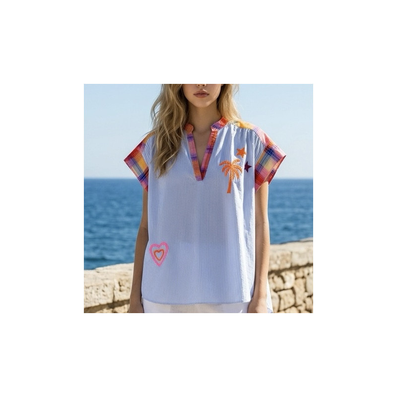Blouse rayée bleu et carreaux couleurs
