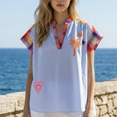 Blouse rayée bleu et carreaux couleurs