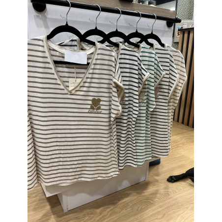 T-shirt col V marinière col dorée