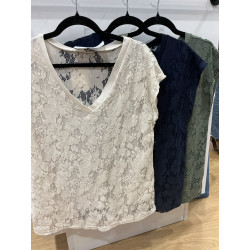 T-shirt col v dentelle manches courtes