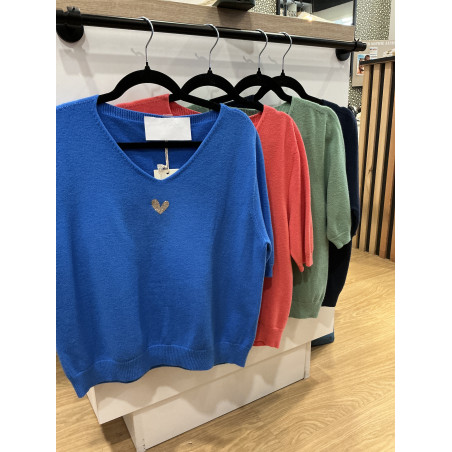 Pull col V manche courte coeur dorée