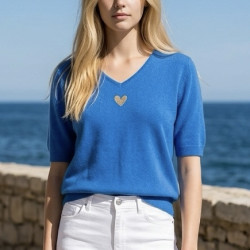 Pull col V manche courte coeur dorée