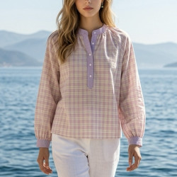 Blouse col mao carreaux rose et mauve