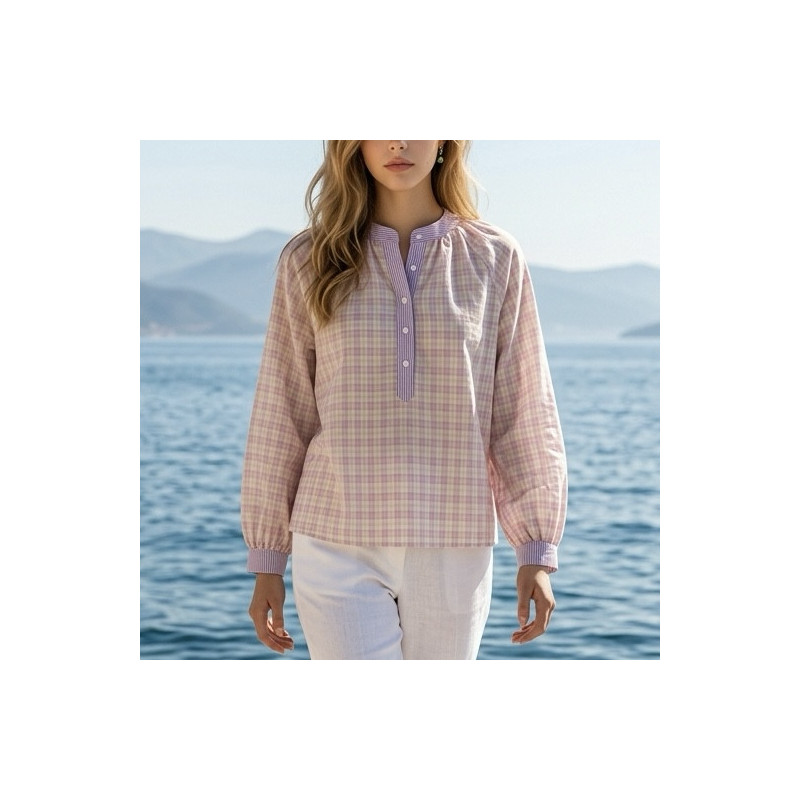 Blouse col mao carreaux rose et mauve