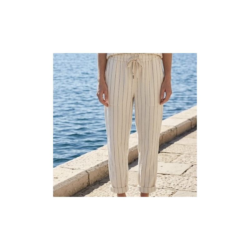 Pantalon écru à rayures marine