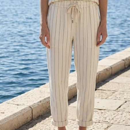 Pantalon écru à rayures marine