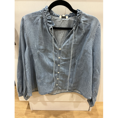 Blouse jeans bleu fleurs brodées