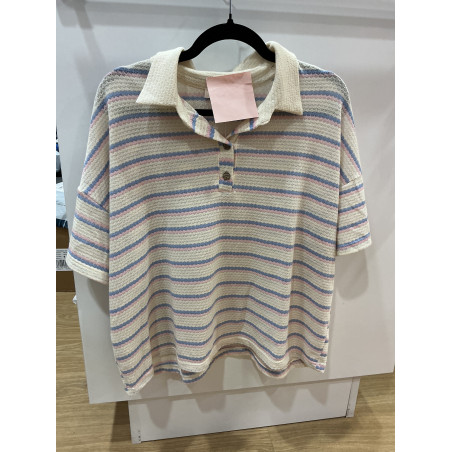 Polo rayé bleu et rose