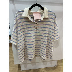 Polo rayé bleu et rose