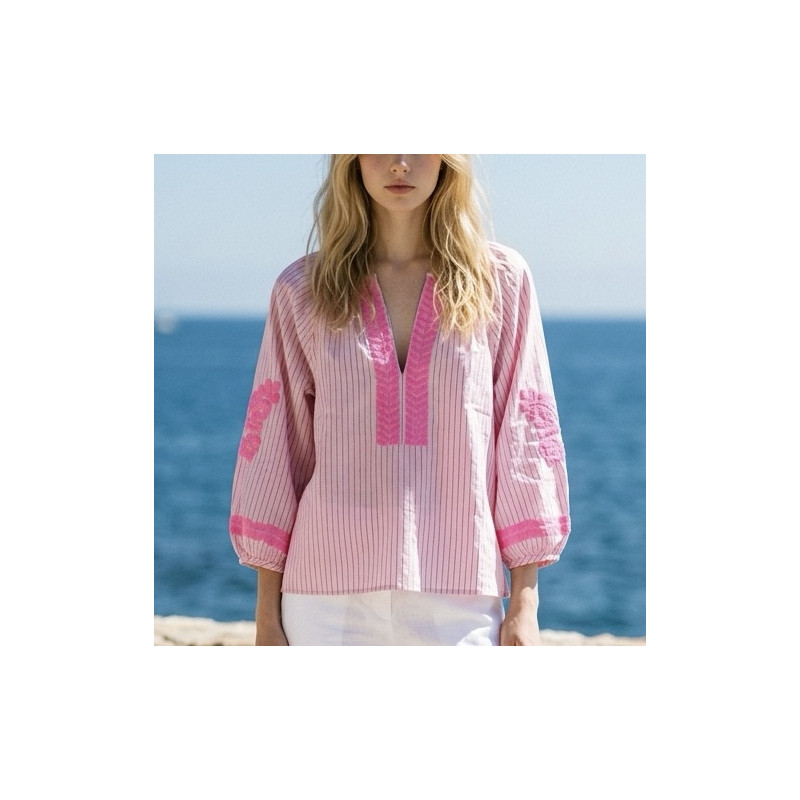 Blouse rose rayé et broderie rose