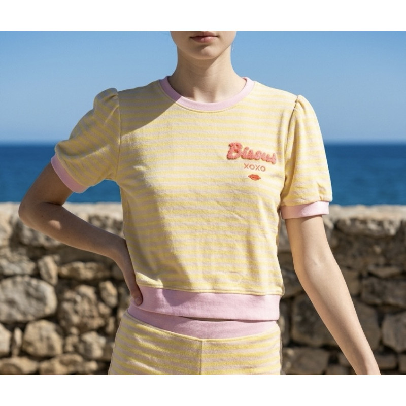 T-shirt sweat rayure jaune Bisous