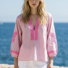 Blouse rose rayé et broderie rose