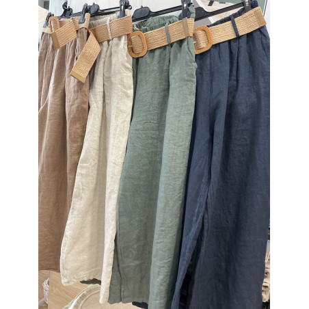 Pantalon large lin ceinture