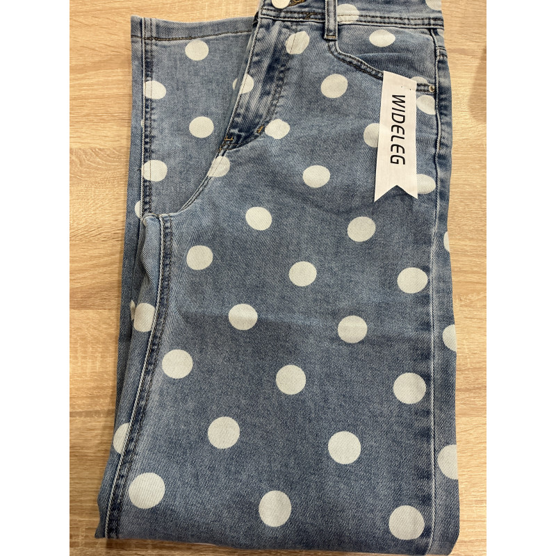 Jeans long large bleu à pois