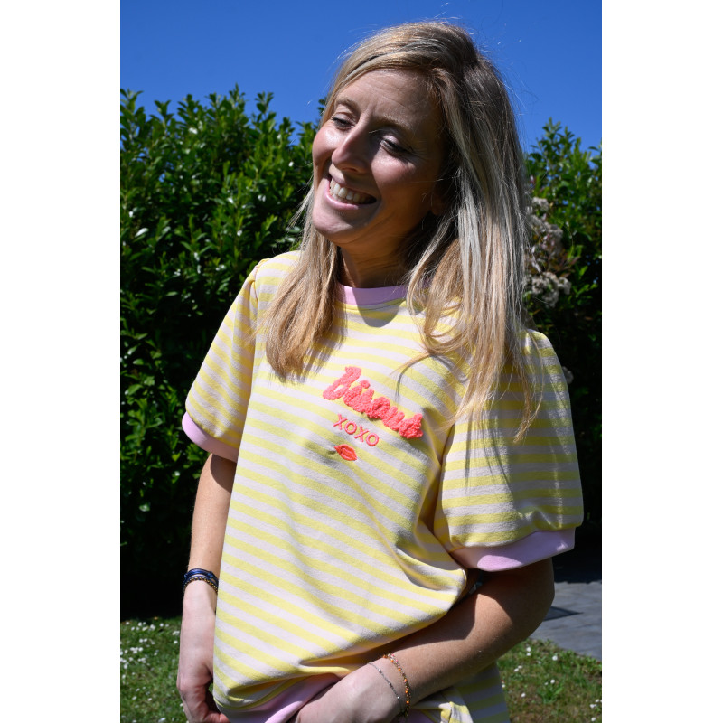 T-shirt sweat rayure jaune Bisous