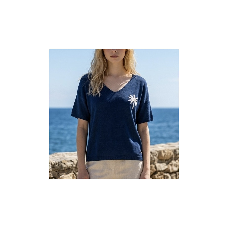 T-shirt marine maille palmier