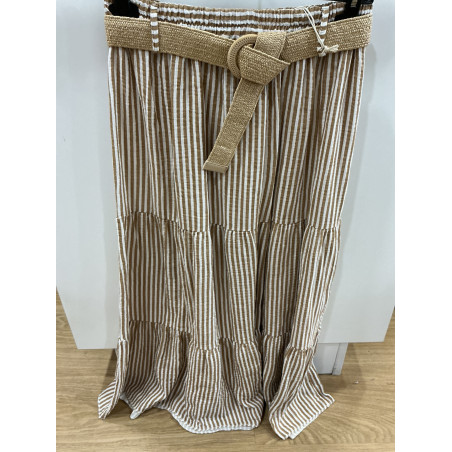 Jupe gaze de coton rayée camel