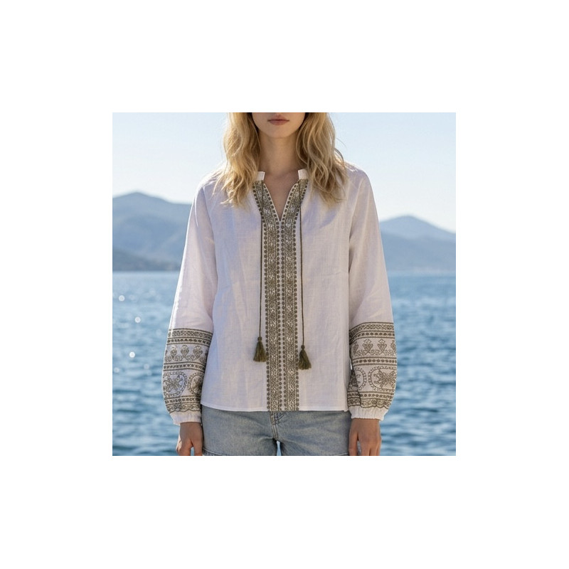 Blouse Aglaé BLANC et broderies kaki