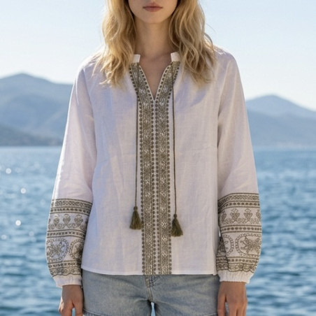Blouse Aglaé BLANC et broderies kaki