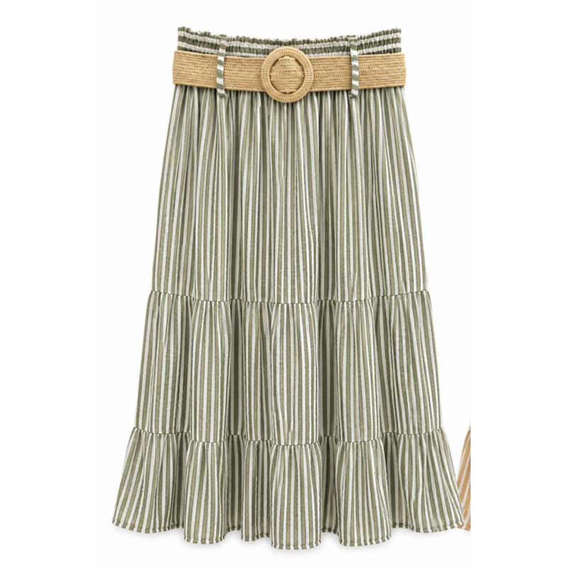 Jupe rayée gaze de coton kaki