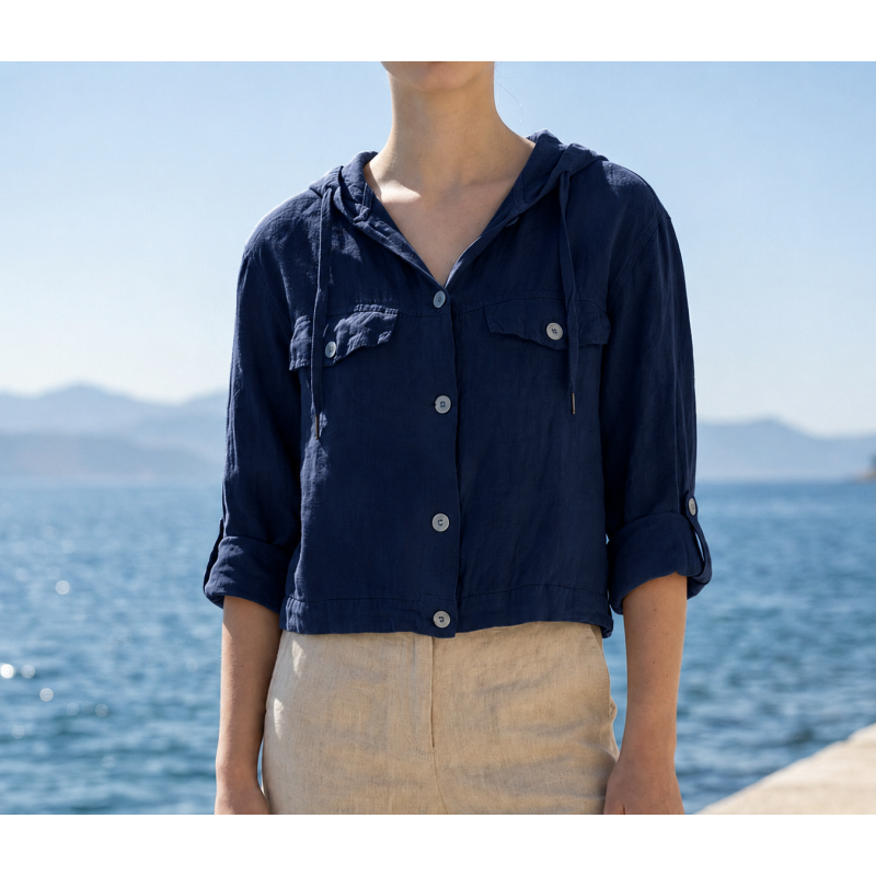 Veste à capuche en lin marine