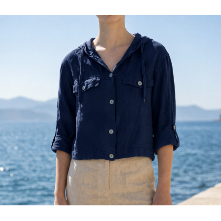 Veste à capuche en lin marine