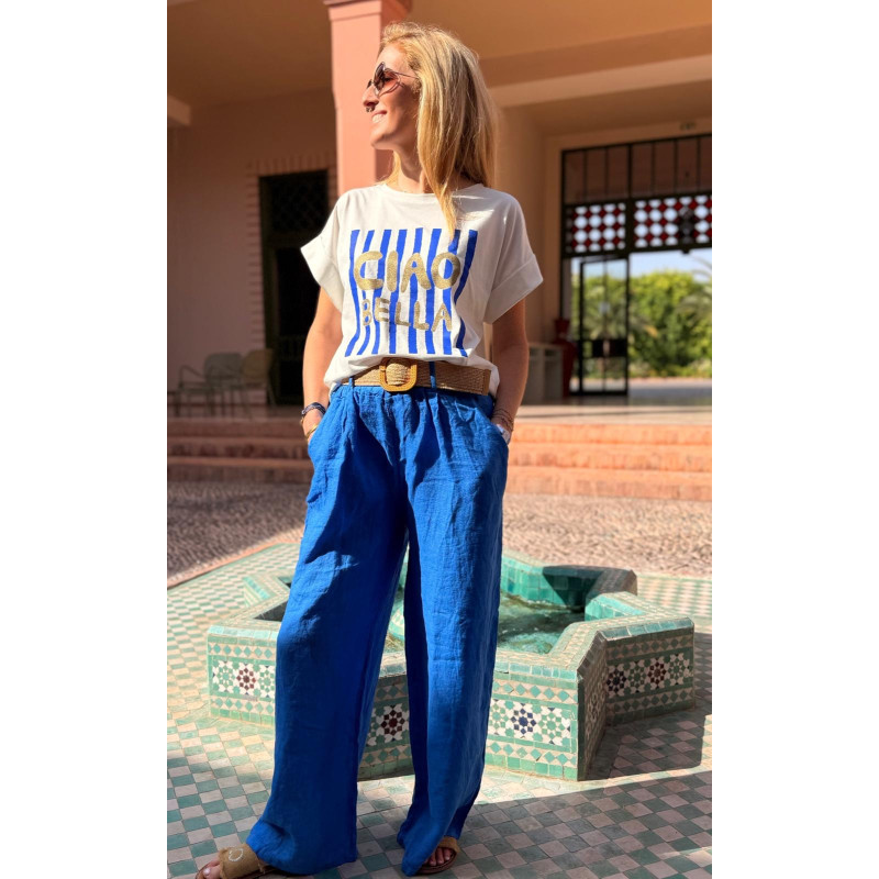 Pantalon large lin ceinture