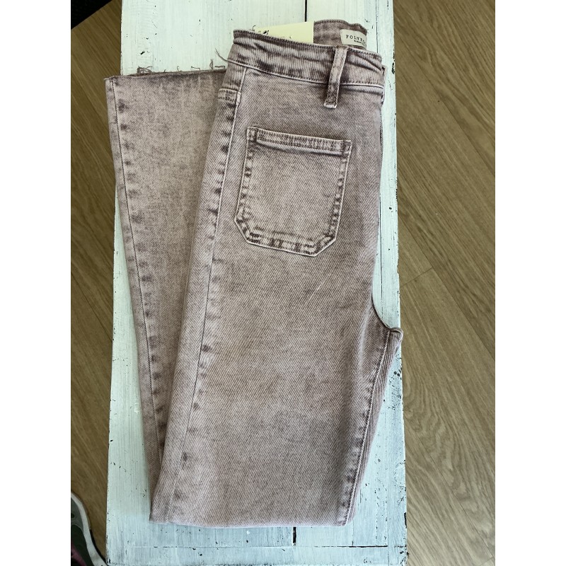 Jeans flared 7/8 poches plaquées rose délavé