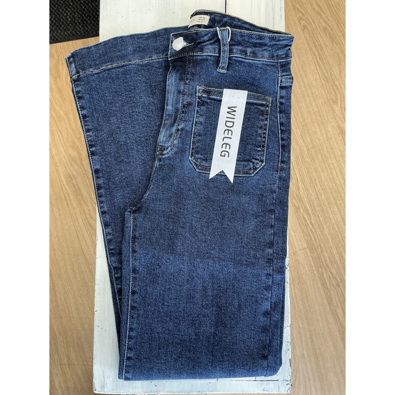 Jeans long large poches plaquées bleu foncé