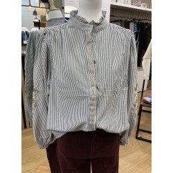 Chemise rayée bleu col victorien broderie beige