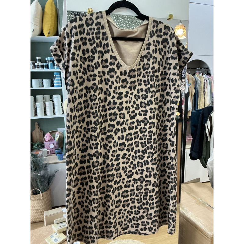 Robe léopard manche courte camel