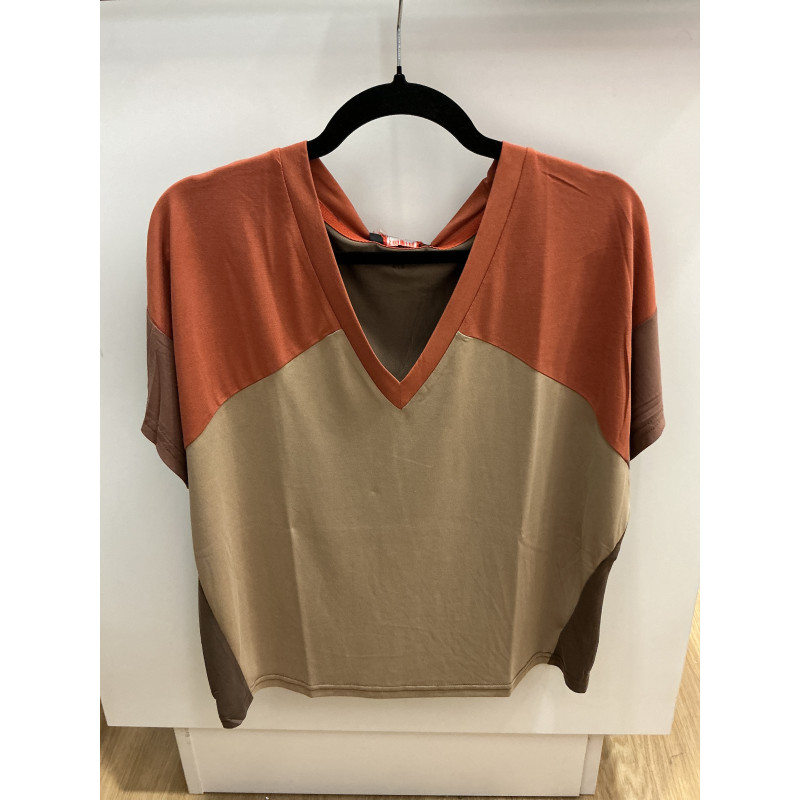 T-shirt Raj col V tri color orange et choco