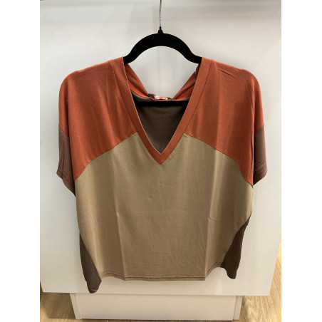 T-shirt Raj col V tri color orange et choco