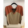 T-shirt Raj col V tri color orange et choco
