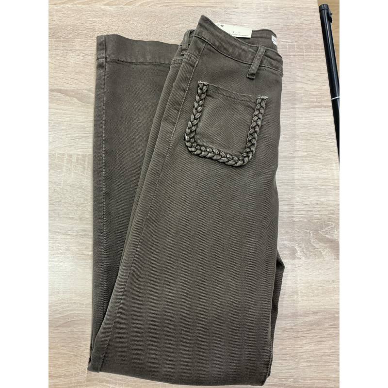 Jeans long large poches plaquées tresses chocolat au lait