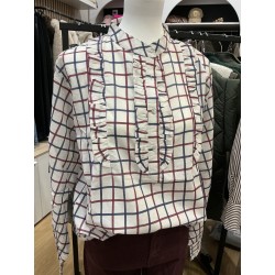 Blouse col Mao carreaux marine et bordeaux