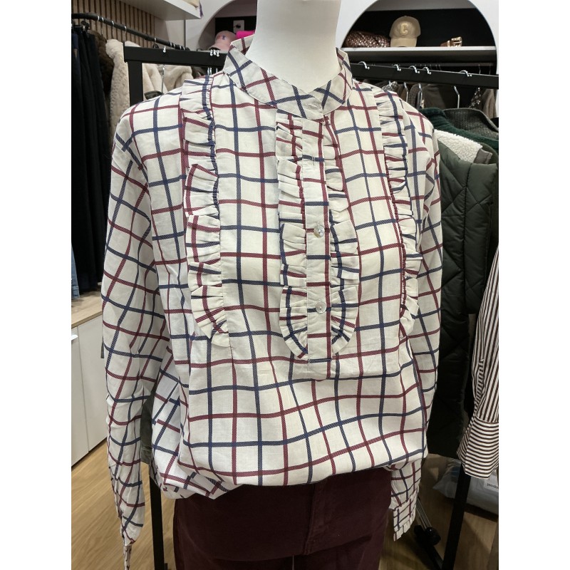 Blouse col Mao carreaux marine et bordeaux