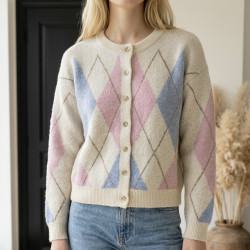 Gilet losange écru bleu et rose