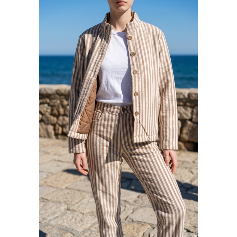 Veste col victorien rayure beige