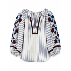 Blouse rayée bleu broderies bordeaux