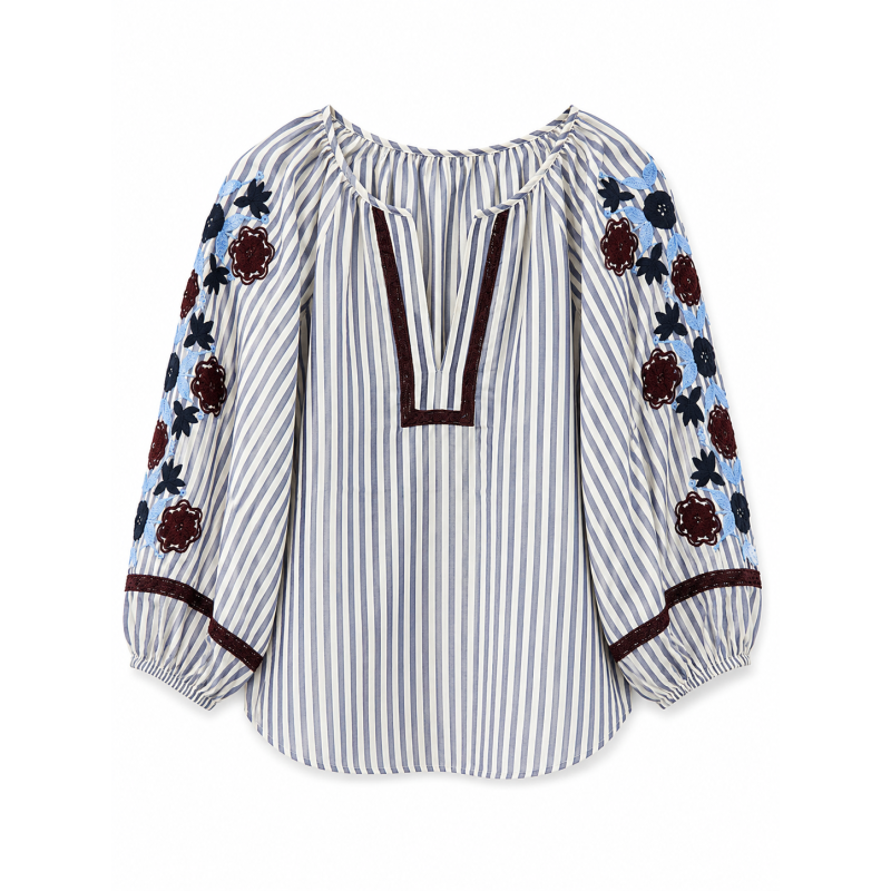 Blouse rayée bleu broderies bordeaux