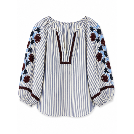 Blouse rayée bleu broderies bordeaux