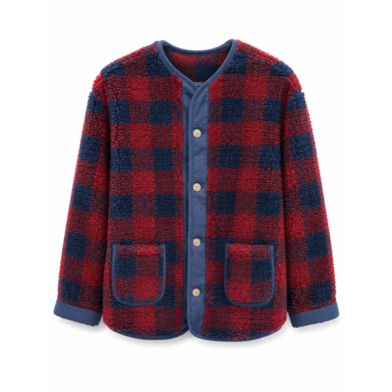 Veste moumoute carreaux marine et bordeaux