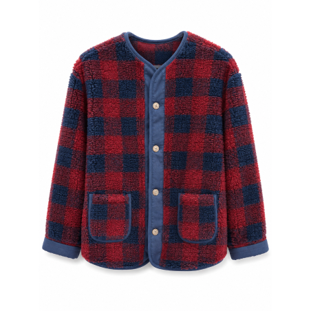 Veste moumoute carreaux marine et bordeaux