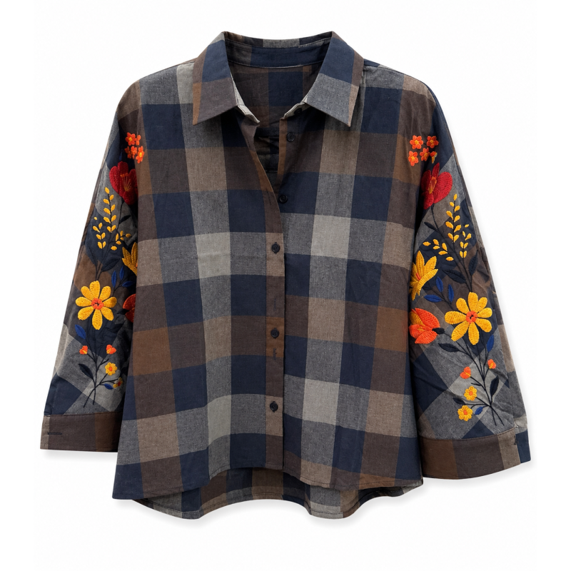 Chemise carreaux marine et broderies