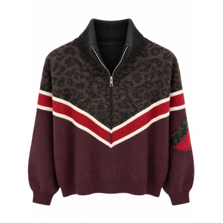 Gilet Pull leopard et bordeaux